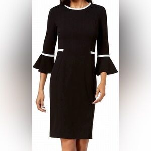 CLASSIC Calvin Klein black dress with white accents, flare sleeves, gold zipper